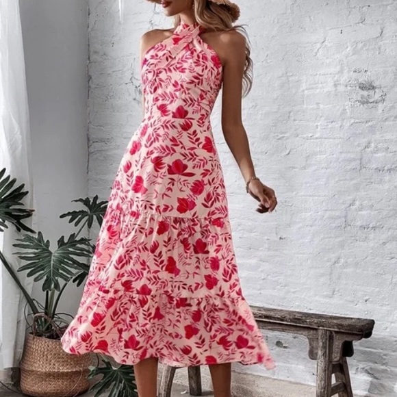 Boho pink floral print ruffle hem halter maxi dress - Picture 6 of 6
